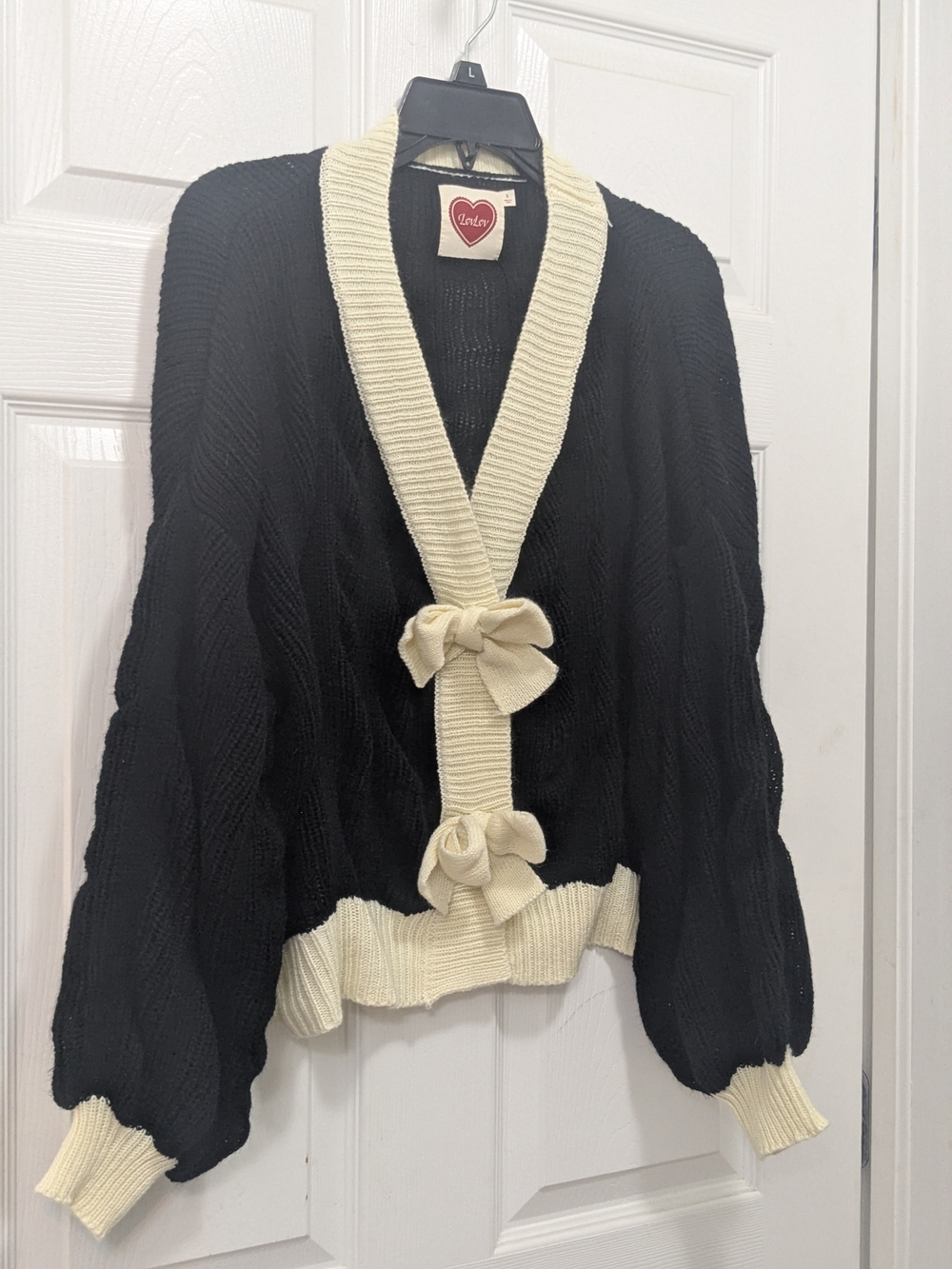 Black & Cream Bow-Accent Knit Cardigan Sweater